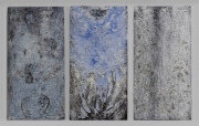 Dès Vu, three works each 152,5x76,5, wood board, gesso, chalk, pigments, glue, sand, oil and aerosol paint, other materials, 2018